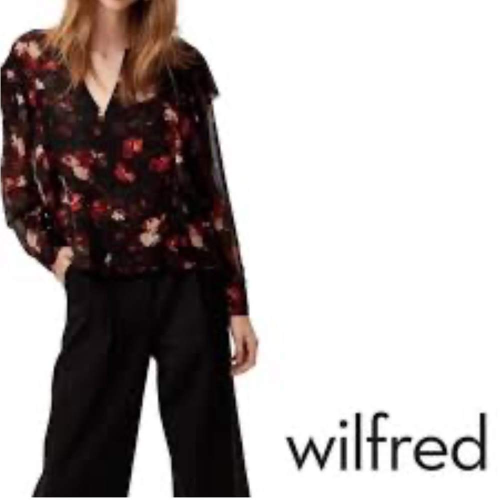 Aritzia Wilfred Black Floral V-Neck Blouse with Red and Cream Accents
